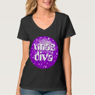 Camiseta Disco Tiles Púrpura 'xmas diva' damas v-neck negro