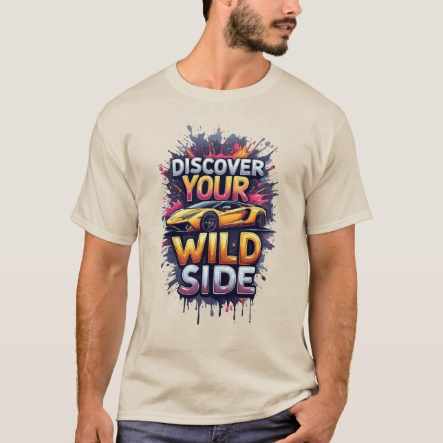 Camiseta Discover Your Wild Side: Bright Yellow Sports Car (Anverso)