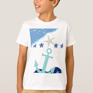 Camiseta Diseño animado de Mar Azul con Peces y Estrellas