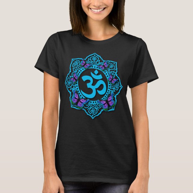 Camiseta Diseño azul ohm mandala con mariposas púrpura (Anverso)