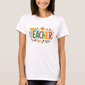 Camiseta Diseño Colorido Retro de Maestro con Flor Whimsica