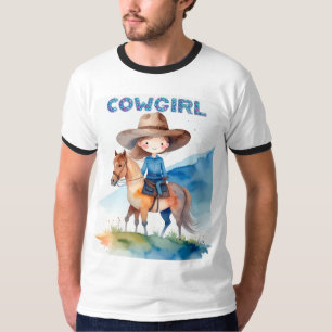 Camiseta Diseño de acuarela de niña vaquera linda montando