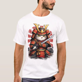 Camiseta Diseño de Anime de Gato Samurái Japonés