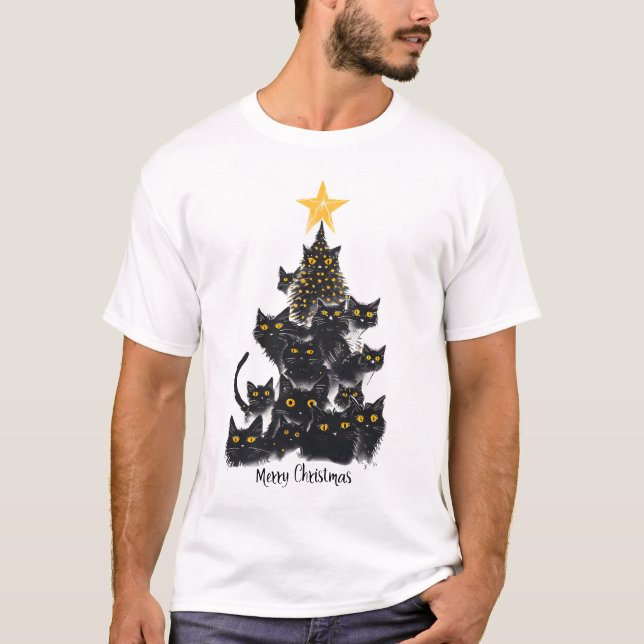 Camiseta Diseño de árbol de navidad para gato negro (Anverso)
