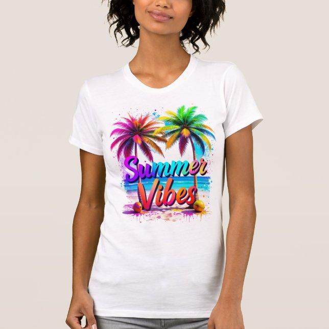Camiseta Diseño de árbol de palma arcoiris tropical con vib (Anverso)