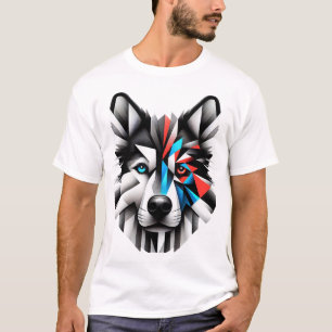 Camiseta Diseño de Arte Moderno Cara de Husky Geométrico