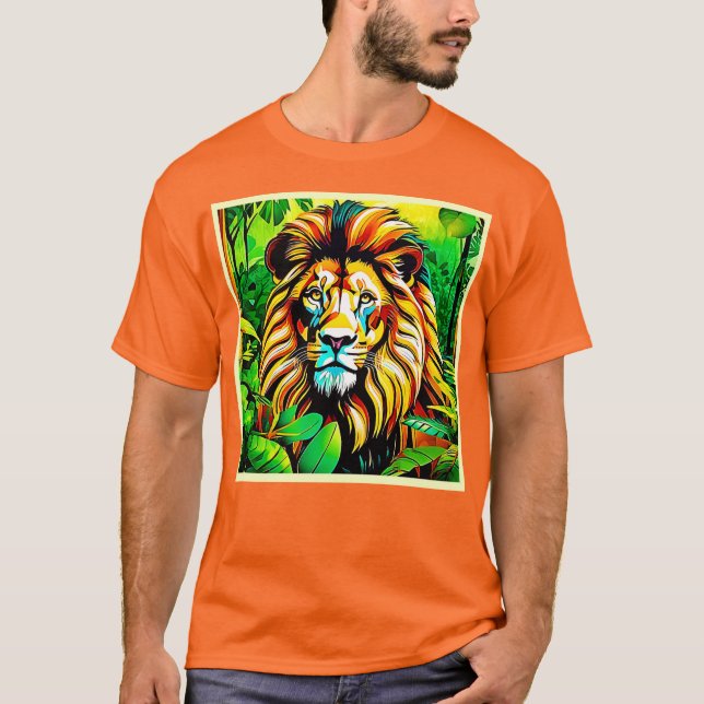 Camiseta Diseño de arte pop de león en la jungla (Anverso)