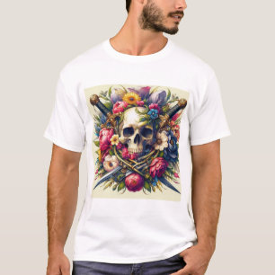 Camiseta Diseño de Calaveras, Flores y Espadas