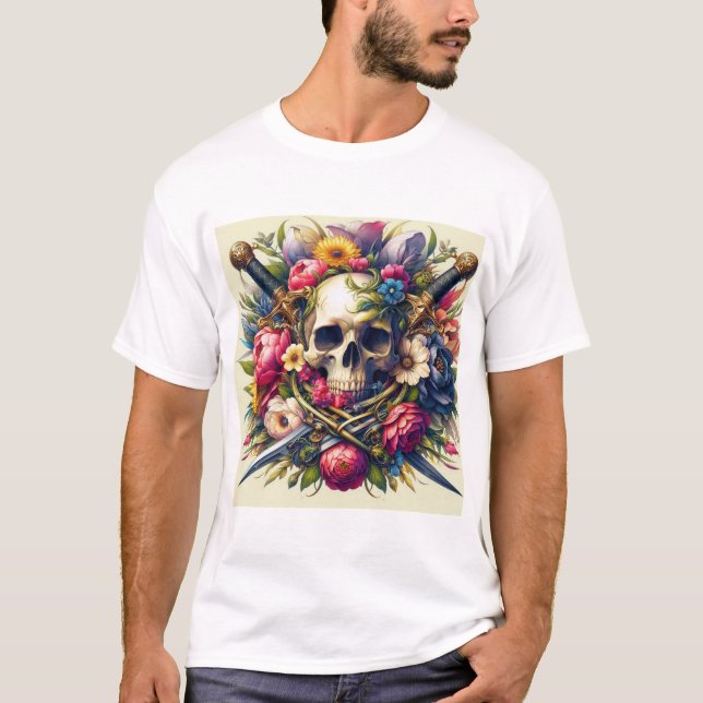 Camiseta Diseño de Calaveras, Flores y Espadas  (Anverso)