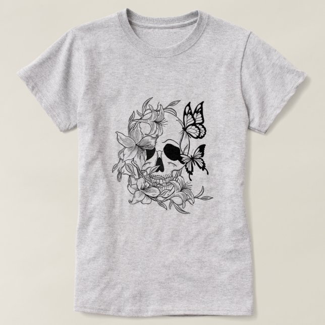 Camiseta Diseño de calaveras y mariposas con elementos flor (Diseño del anverso)