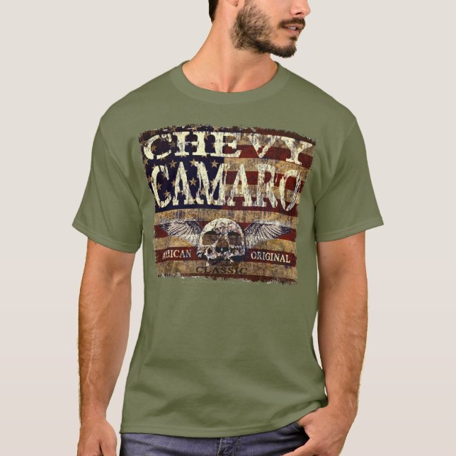 Camiseta Diseño de Chevy Camaro contra bandera erosionada (Anverso)