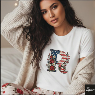 Camiseta Diseño de corona floral con letra R patriótica