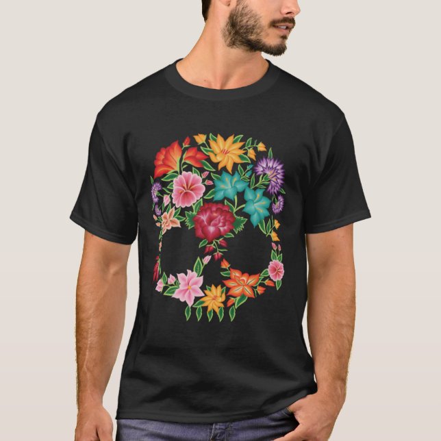 Camiseta Diseño de cráneo estilo bordado mexicano de Oaxaca (Anverso)