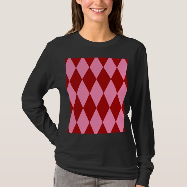 Camiseta Diseño de cuadros arlequín rosa rojo (Anverso)