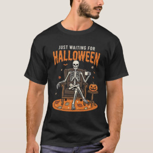 Camiseta Diseño de esqueleto solo esperando Halloween_1
