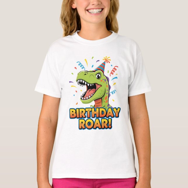 Camiseta Diseño de fiesta de cumpleaños de dinosaurio rugie (Anverso)