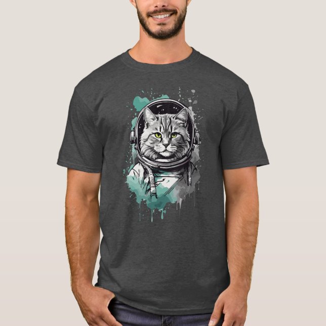 Camiseta Diseño de gato astronauta verde negro (Anverso)
