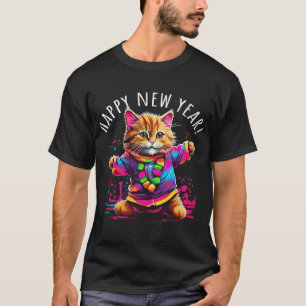 Camiseta Diseño de gato bailando fiesta de Año Nuevo Feliz