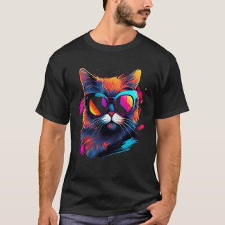 Camiseta diseño de gato colorido, negro, amarillo, blanco,
