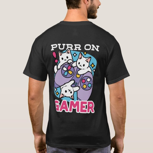 Camiseta Diseño De Gato Gamer - Purr En El Arte De Joystick (Reverso)