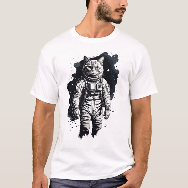 Camiseta Diseño de gato para astronautas de tinta negra (Anverso)