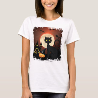 Camiseta Diseño de Halloween Castillo Embrujado Gato Negro