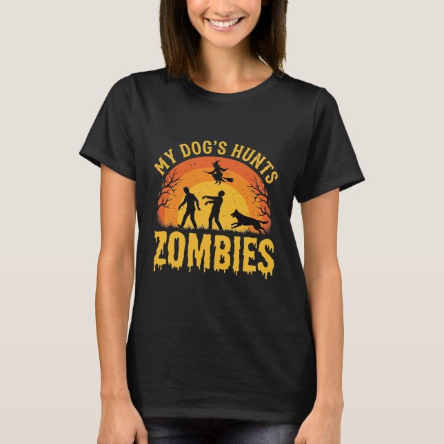 Camiseta Diseño de Halloween de perro caza zombies (Anverso)