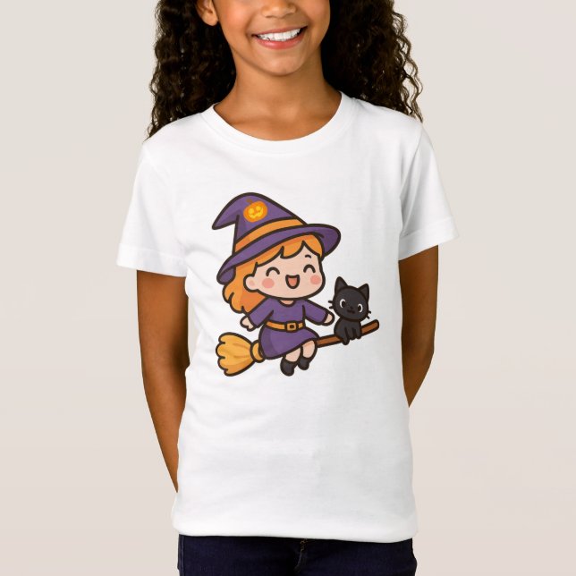 Camiseta Diseño de Halloween para Brujas y Gatos de Kawaii (Anverso)