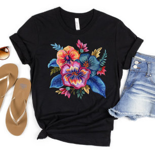 Camiseta Diseño de hilo de bordado falso de ramo floral