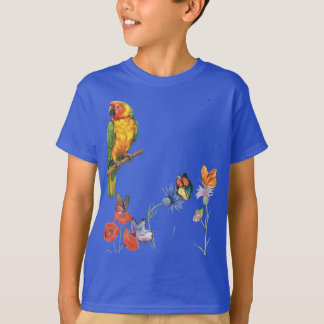 Camiseta diseño de loro y mariposas en acuarela