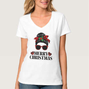 Camiseta diseño de mamá con moño desordenado para Navidad