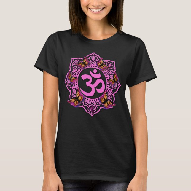 Camiseta Diseño de Mandala rosa ohm con mariposas monarca (Anverso)