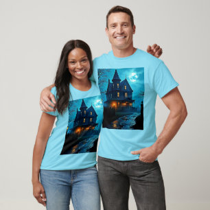 Camiseta Diseño de Mansión Embrujada Noche de Luna Azul