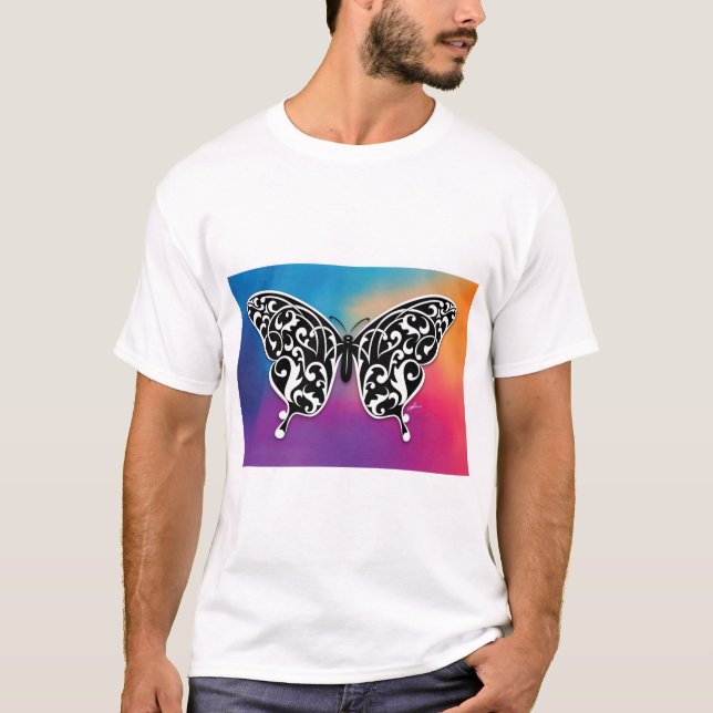 Camiseta Diseño de mariposa con colores del atardecer (Anverso)