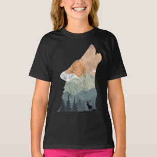 Camiseta diseño de naturaleza vintage con silueta de lobo