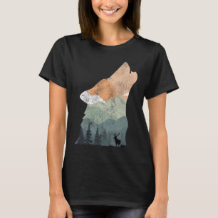 Camiseta diseño de naturaleza vintage con silueta de lobo