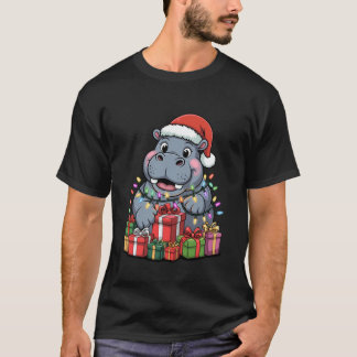 Camiseta Diseño de Navidad de Hipopótamo con Gorro de Santa