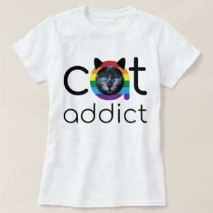 Camiseta Diseño de ojos azul arcoiris negro adicto al gato