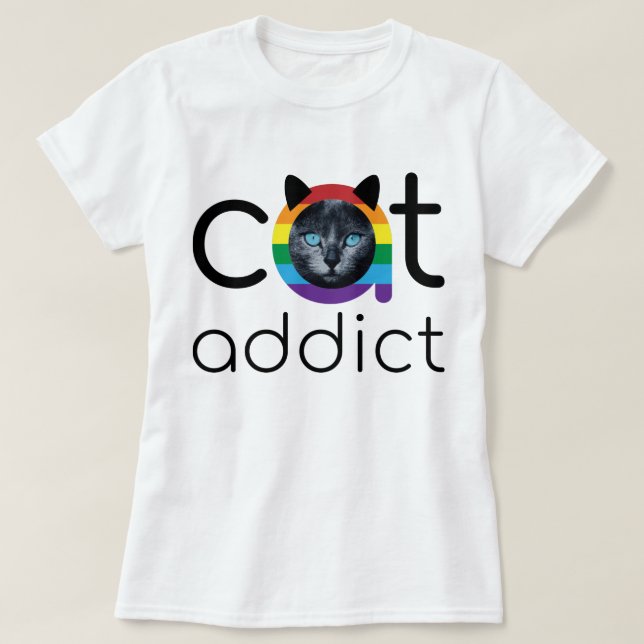 Camiseta Diseño de ojos azul arcoiris negro adicto al gato (Diseño del anverso)