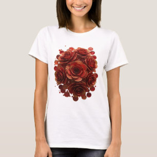 Camiseta Diseño de oro con ROSAS ROJAS Y BURBUJAS DE VIDRIO