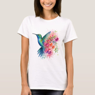 Camiseta Diseño de pájaro floral vibrante de colibrí en acu