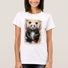 Camiseta Diseño de Panda Ángel Colorido en un Fondo Negro