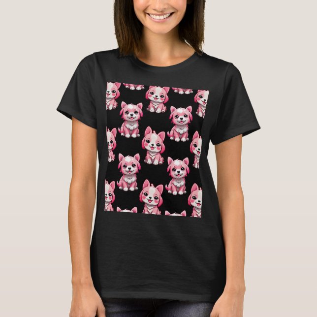 Camiseta Diseño de patrón de perro de cachorro rosa - negro (Anverso)