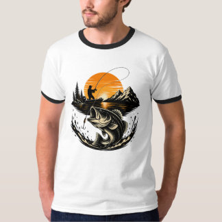 Camiseta Diseño de pescador de puesta de sol de lubina vint