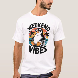 Camiseta Diseño de Playa Pingüino Vibraciones de Fin de Sem