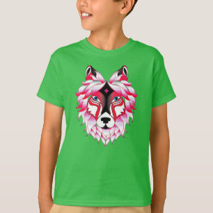 Camiseta Diseño de polígono de cabeza de lobo rosa-24531