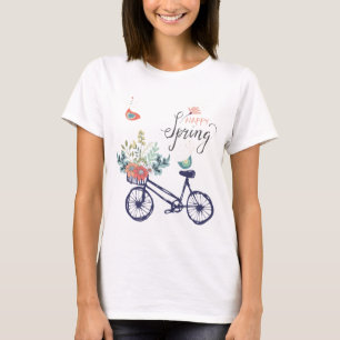 Camiseta Diseño de primavera feliz: bicicleta, flores y ave