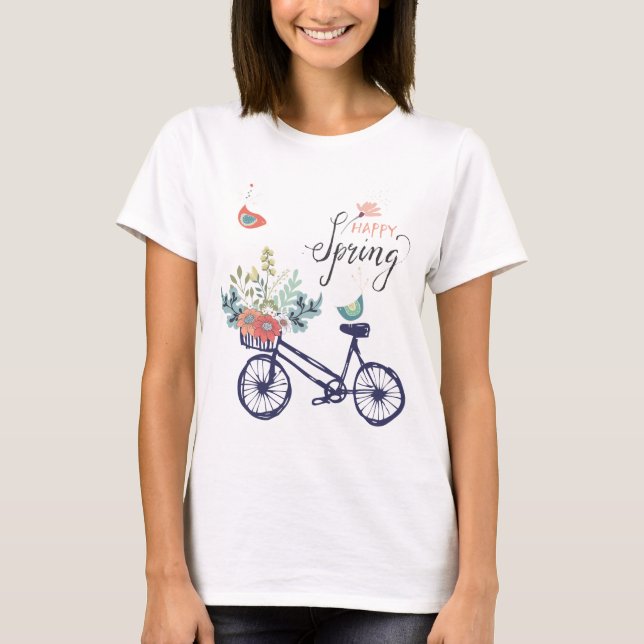 Camiseta Diseño de primavera feliz: bicicleta, flores y ave (Anverso)