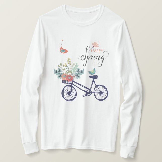 Camiseta Diseño de primavera feliz: bicicleta, flores y ave (Anverso del diseño)