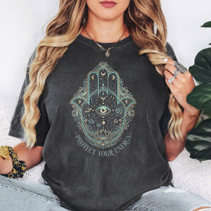 Camiseta Diseño de Protección Ojo Malo Mano Hamsa Celestial